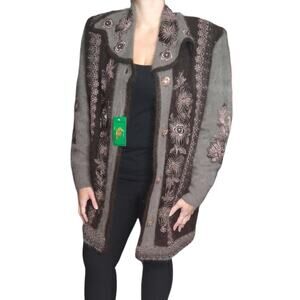 NOS 80's Vintage Angora Sweater Coat Size L with Beading & Embroidery